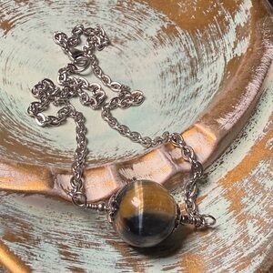 Blue Tigers Eye Stainless Steel Pendant Necklace Cable Chain 15 inch